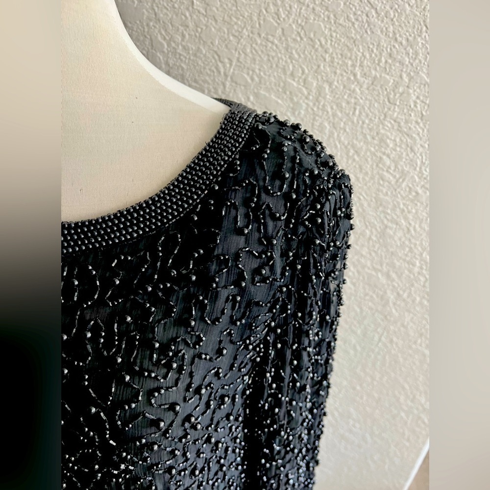 Papell Boutique Evening Black Beaded Silk Vintage Dress Tunic womens Size M 8/10 - Picture 3 of 4